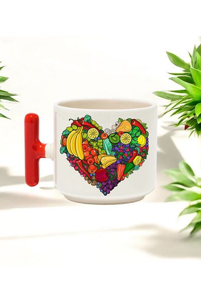 BB TRADE Fruits Heart Designed Red T-Handle Ceramic Printed Mug 250 ml