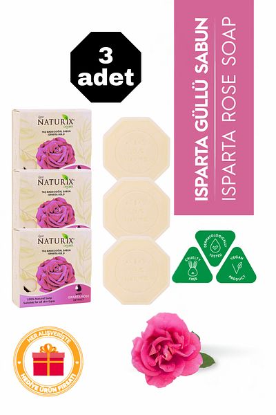 Naturix Isparta Rose Essence Stone Soap 3-Piece Eco Package Skin Tone Equalizing and Brightening Care - 3X125 Gr