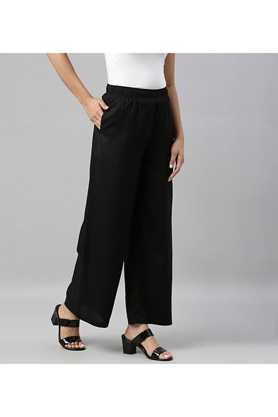 Go Colors Women's Solid Black Woven Viscose Mid Rise Basic Palazzos