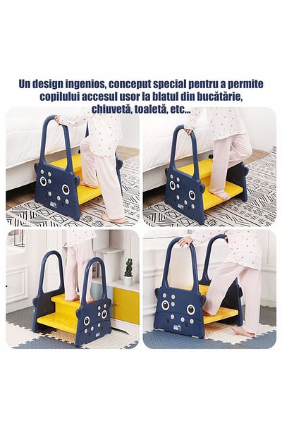 Linomag ® Scaun înălțător pentru copii, tip scară, 2 trepte, mânere, antiderapant, pentru toaletă/cadă/bucătărie, albastru închis/galben
