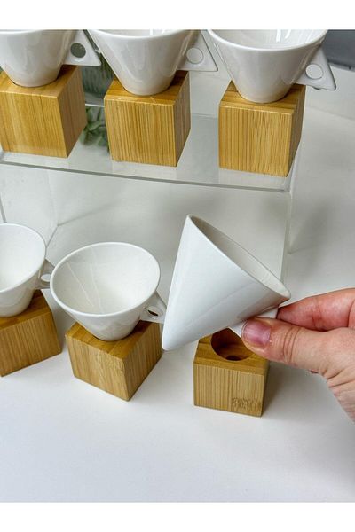 ARVALE Set of 6 Porcelain Coffee Cups with Bamboo Stand |   Modern Design
