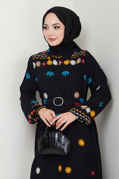 InStyle Gathered Floral Patterned Black Viscose Dress