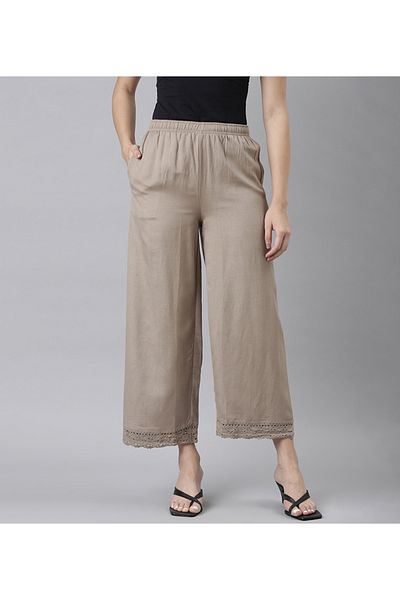 Go Colors Women's Solid Khaki Mid Rise Linen Wide Pant