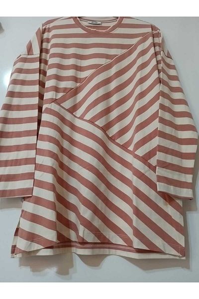 OceanGiyim Women's Tunic Pink Striped Combed Cotton Tunic