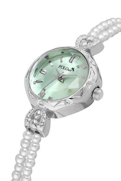 Polo Air Two Pearl Stone Look Cord Women Wrist Watch White Silver Green Color Pl-1531B3X