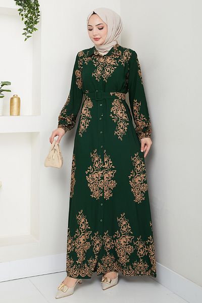 InStyle Sequined Pattern Shirt Collar Emerald Green Viscose Dress
