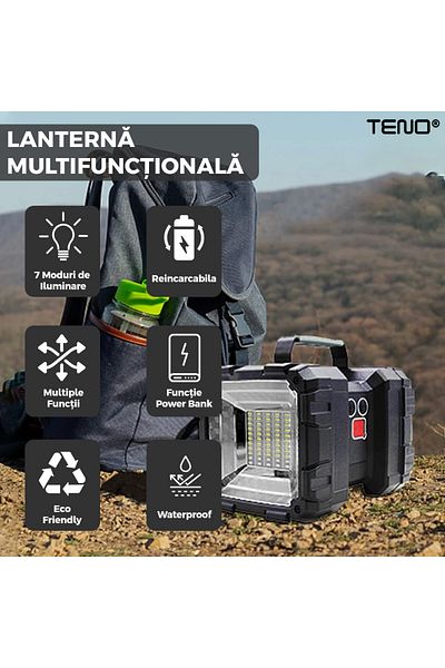 Teno Multifunctional Camping Flashlight Teno®, LED technology, 1200LM, rechargeable, black