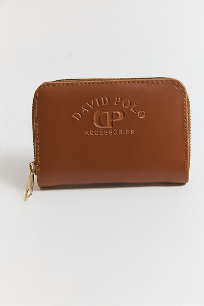 Raneel Kazançlı Alışveriş Text Embossed Zippered Mini Wallet Brown