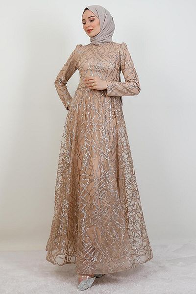 giz astore Cansu Glitter Evening Dress Sütlükkahve