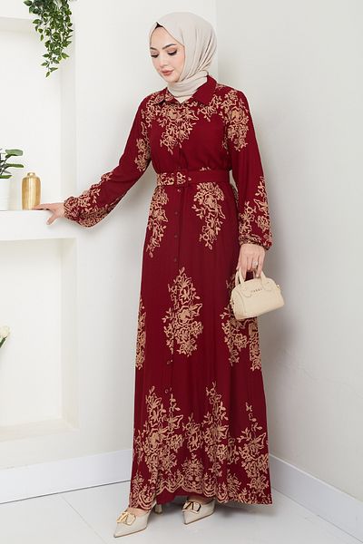 InStyle Sequined Pattern Shirt Collar Red Viscose Dress