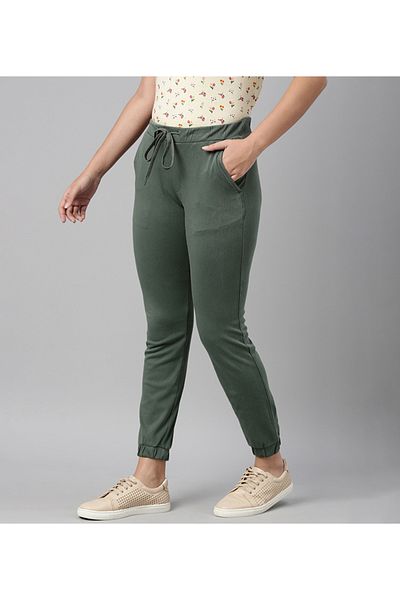 Go Colors Women's Solid Cotton Olive Green Cuffed Joggers