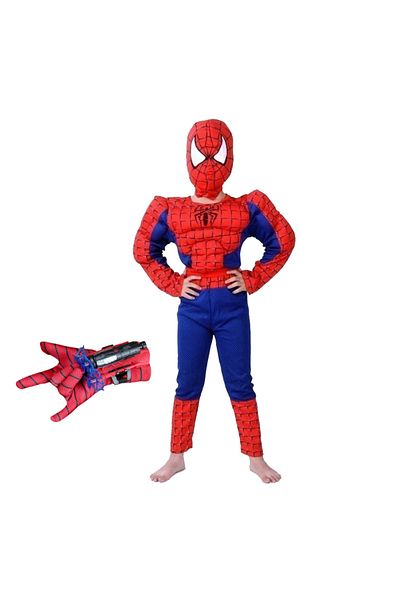 Depox Classic Spiderman costume set with muscles, red and glove with suction cups, 7-9 years, 120-130 cm