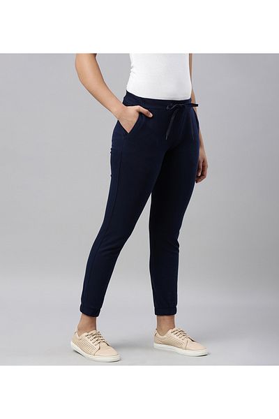 Go Colors Women's Solid Cotton Navy Cuffed Joggers