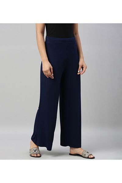 Go Colors Women's Solid Navy Knit Viscose Mid Rise Palazzos