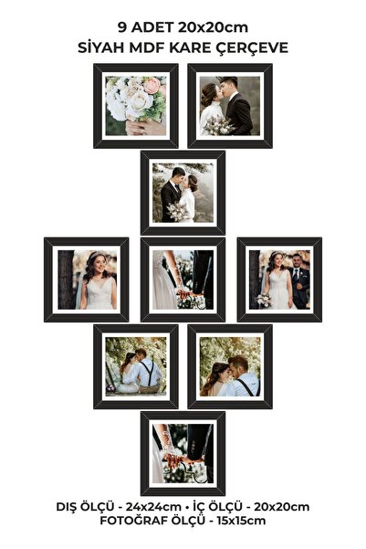Genel Markalar 9'lu Siyah Mdf Kare Fotoğraf Çerçevesi Seti - 20x20 Cm | Duvar...