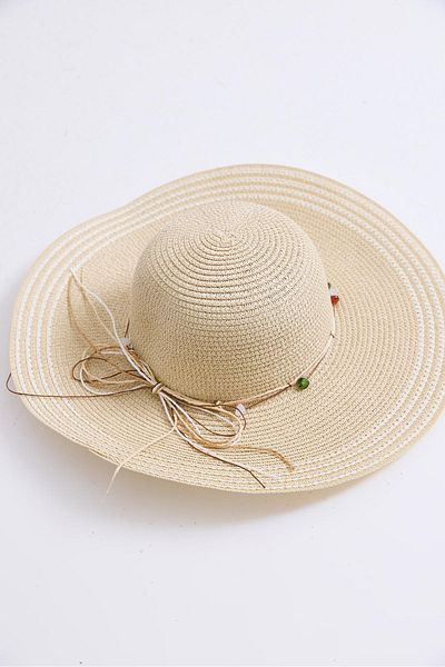 Raneel Kazançlı Alışveriş Bow Detailed Striped Straw Beach Pool Hat Beige