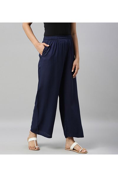 Go Colors Women's Solid Navy Woven Viscose Mid Rise Basic Palazzos