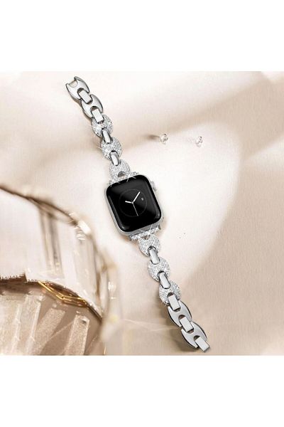 REDz Accessories Curea cu strasuri strălucitoare pentru Apple Watch, design elegant, zale rotunde, metal, argintiu - 42/44/45 mm