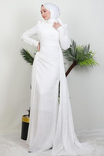 giz astore Yaren Stone Detail Evening Dress White