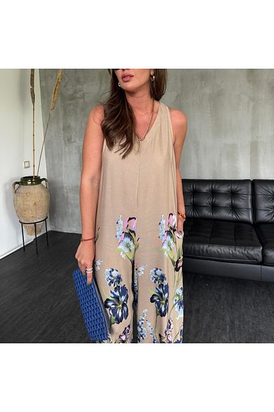 Lavanta Tekstil Floral Patterned Natural Beige Jumpsuit
