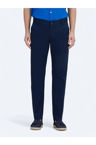 Kip Light Navy Blue Woven Casual Cotton Blend Trousers
