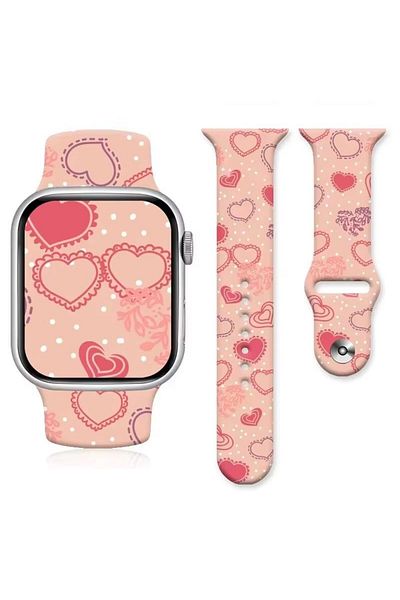 REDz Accessories Hearts Strap for Apple Watch, Animated Print, Sport and Adjustable, Silicone, Pink - 44/45/46/49 mm