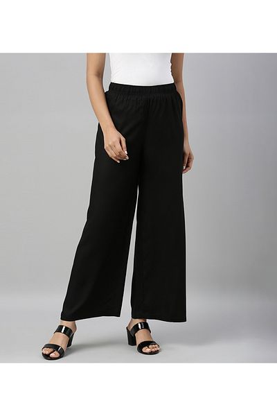 Go Colors Women's Solid Black Woven Viscose Mid Rise Basic Palazzos