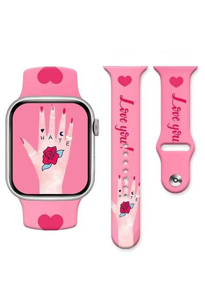 REDz Accessories Love You Strap for Apple Watch, Cartoon Print, Sport and Adjustable, Silicone, Pink - 38/40/41 mm