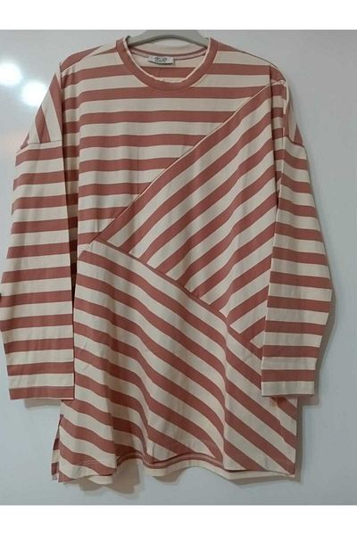 OceanGiyim Women's Tunic Pink Striped Combed Cotton Tunic