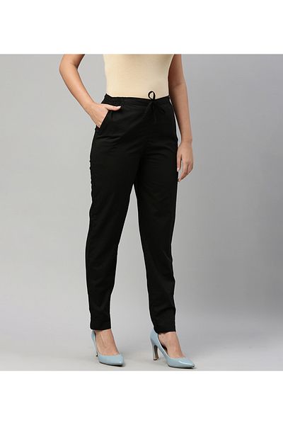 Go Colors Women's Solid Black Comfort Fit Cotton Pants