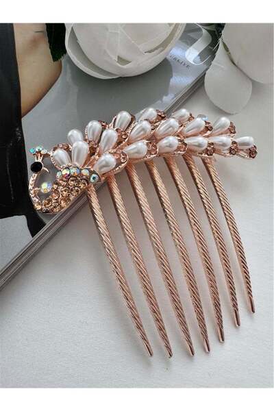 Pelin Aksesuar Beige Stone Peacock Comb Buckle
