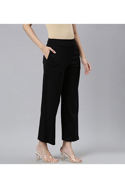 Go Colors Women's Solid Black Ponte Wide Leg Pants