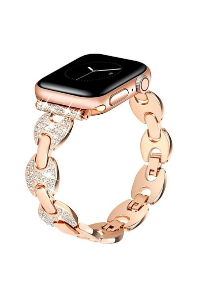 REDz Accessories Bling Rhinestone Strap for Apple Watch, Elegant Design, Round Links, Metal, Rose Gold - 38/40/41mm