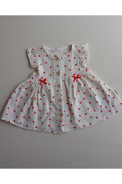 TinyAlp Heart Patterned Muslin Fabric Natural Baby Girl Dress