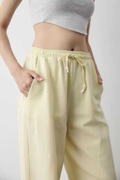 Laluvia Yellow Elastic Waist Cotton Linen Trousers - 3490