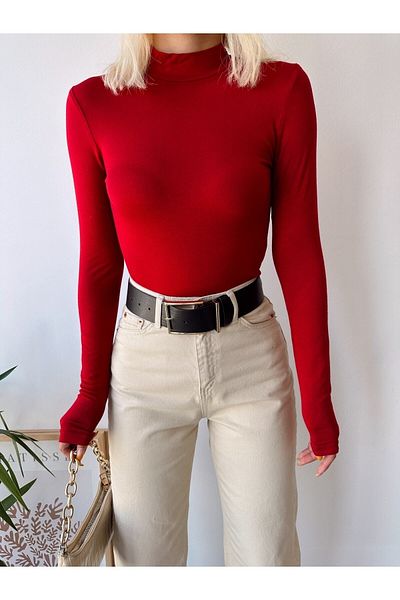 Bonne Maison Women's Red High Collar Long Sleeve Viscose Blouse