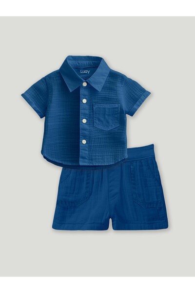 luay ® 100% Linen Pack of 2 | Stylish Short-Sleeve Shirt & Comfy Shorts Blue & offWhite (9-12M)