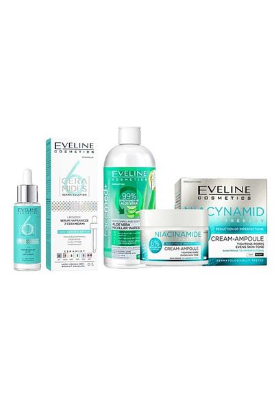 Eveline Cosmetics Cremă anti-imperfecțiuni Eveline Niacinamide Glow Set 50ml, Ser cu ceramidă 30ml, Apă micelară cu aloe vera 400ml