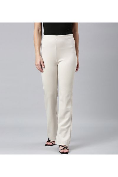 Go Colors Women's Solid Cream High Rise Ponte Bell Bottoms