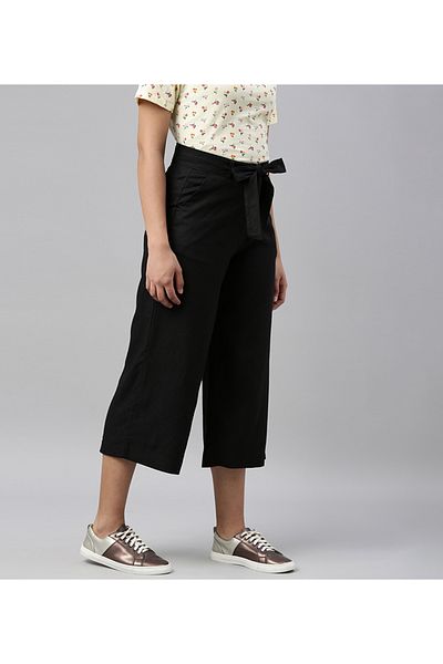 Go Colors Women's Solid Black Linen Mid Rise Culottes