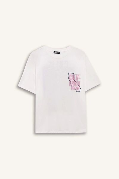 DeFacto F4789 White Coool Oversize Wide Fit Crew Neck Printed Short Sleeve T-Shirt