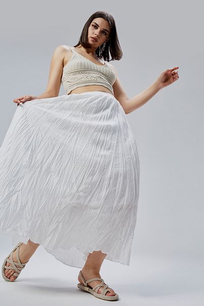 Bolivente White Crinkle Elastic Waist Voile Skirt