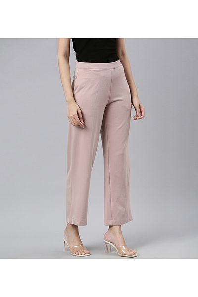 Go Colors Women's Solid Baby Pink Ponte Wide Leg Pants