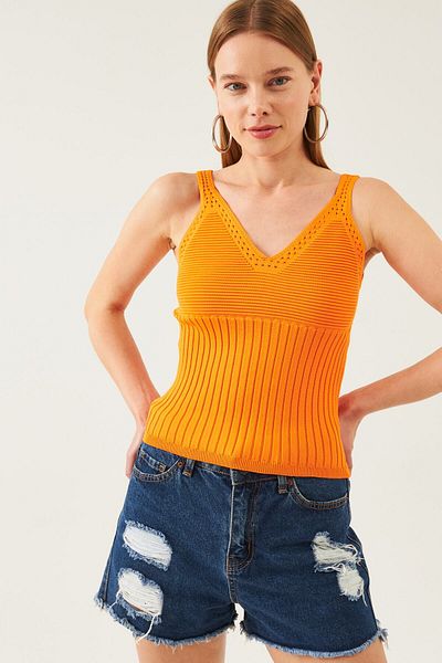 Bonne Maison Women's Orange Sleeveless Strap Waist and Collar Detailed Summer Athlete Knitwear Blouse