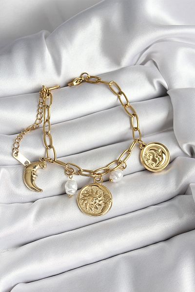 STİLLOVE 316L Steel Sun Moon and Coin Figured Pearl Detailed Dangle Gold Color Women's Bracelet Sl11976