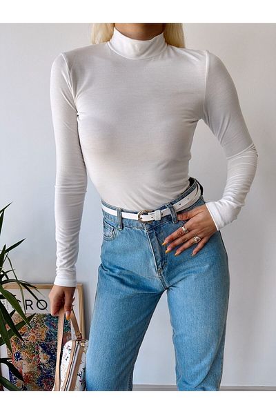 Bonne Maison Women's White High Collar Long Sleeve Viscose Blouse