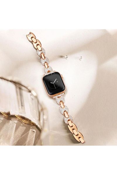 REDz Accessories Bling Rhinestone Strap for Apple Watch, Elegant Design, Round Links, Metal, Rose Gold - 38/40/41mm
