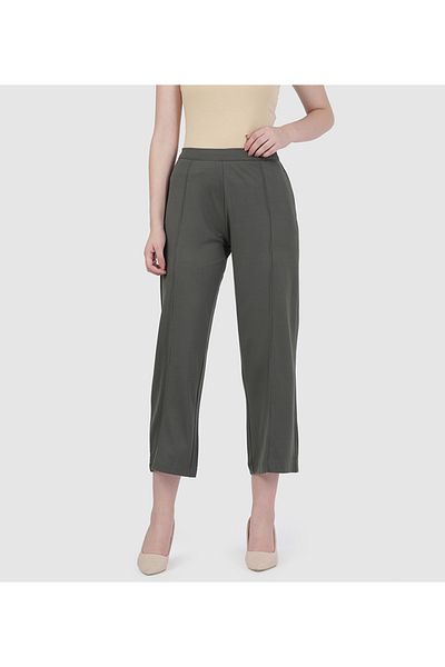 Go Colors Women's Solid Olive Green Ponte Wide Leg Pants