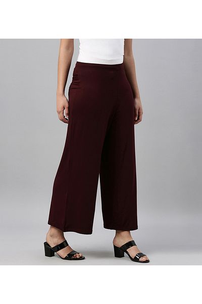 Go Colors Women's Solid Dark Wine Viscose Mid Rise Knit Palazzos