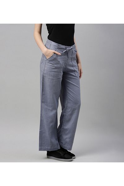 Go Colors Women's Solid Jean Blue Linen Cargo Pant